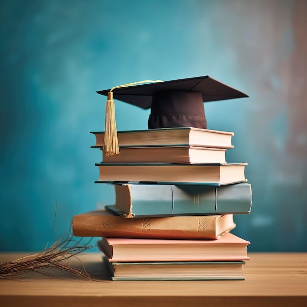 A graduation cap tassel dangling placed on a stack of books