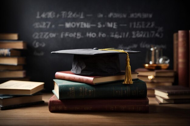 graduation cap on top of a pile of books