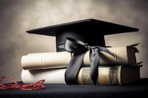 Photo graduation cap on top of some books in a brown blurry background learning and education concept