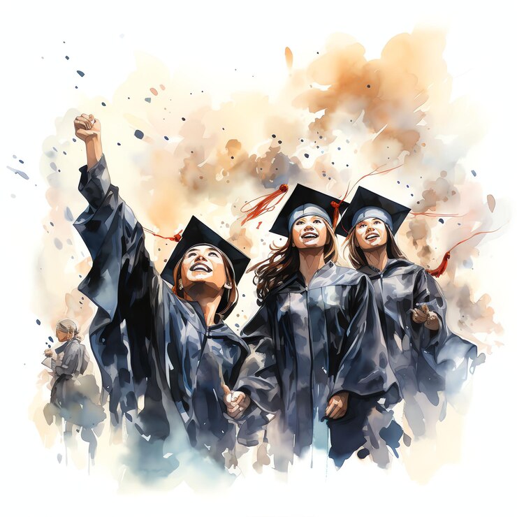 Graduation cap toss watercolor style