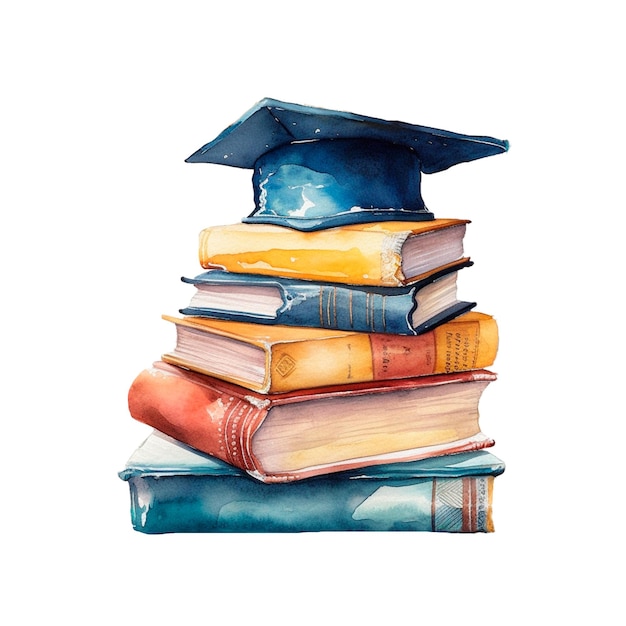 Graduation cap with books watercolor AI generative illustration Isolated class graduation