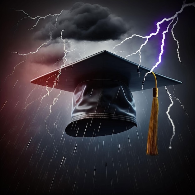 A graduation cap with a dark background and lightning strikes the top.