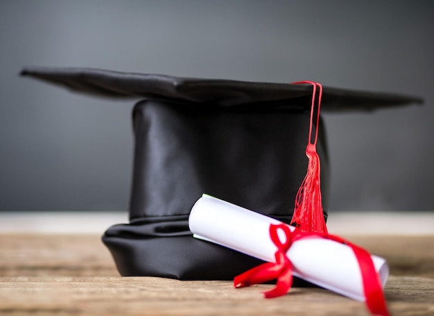 Graduation cap with gold tassel isolated on white background