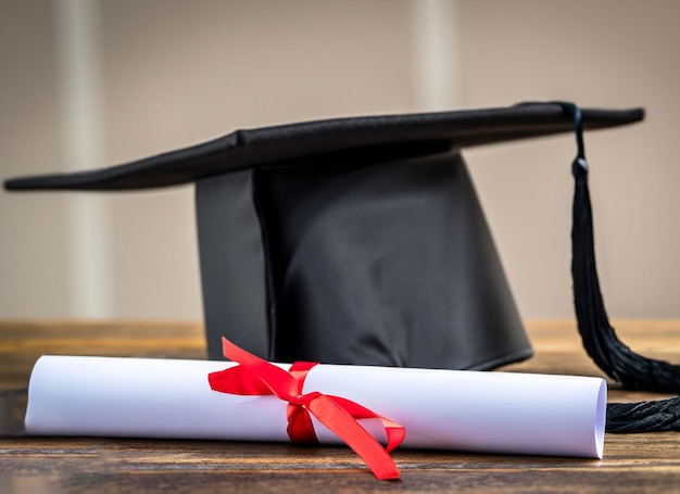 Graduation cap with gold tassel isolated on white background