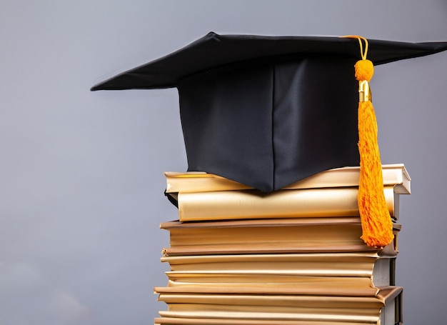 Graduation cap with gold tassel isolated on white background