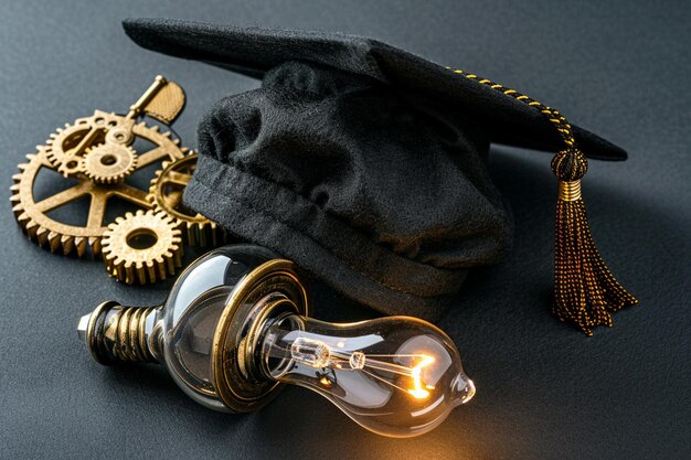 Photo graduation cap with light bulb and gears