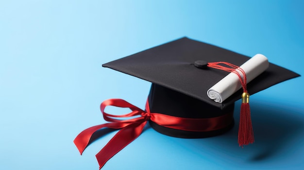 A graduation cap with a red ribbon and a scroll on it