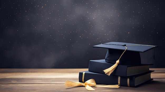 Graduation cap with ribbon and bow on a wooden table.