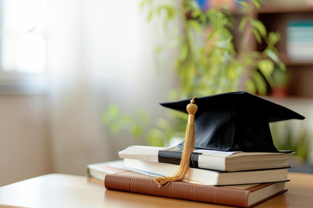 Graduation cap with tassel and books on a table