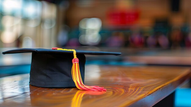 Photo graduation cap on wooden table with blurry background