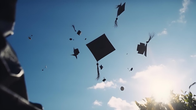 Graduation caps in the air with the sun behind them