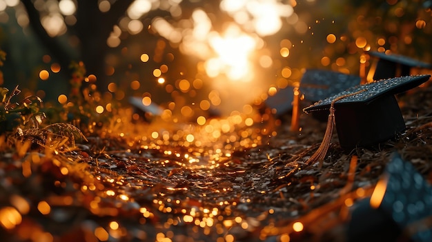 Foto cappelli di laurea e luce dorata del tramonto in autunno