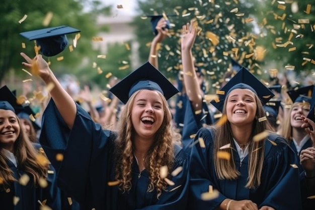 Graduation Caps Thrown in the Air Graduates celebrating AI Generative