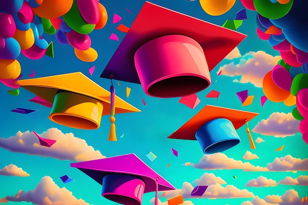 Концепт постера «Выпускные шапки, брошенные в воздух» Генеративный ИИ