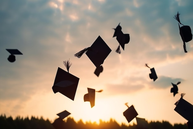 Graduation caps thrown in the air at sunset