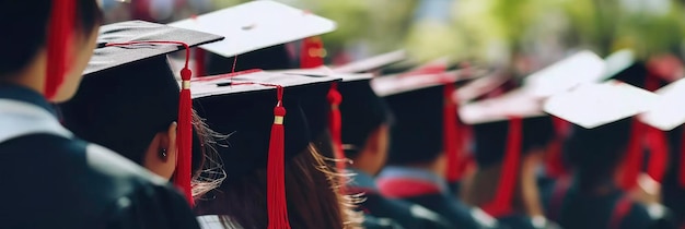 graduation caps wearers in a line with red caps