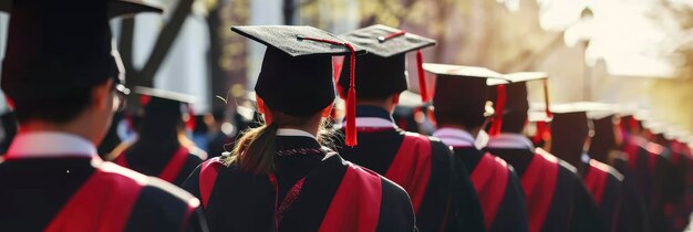 graduation caps wearers in a line with red caps