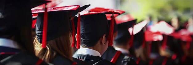 Photo graduation caps wearers in a line with red caps