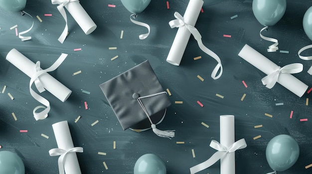 graduation celebration flat lay with confetti and balloons