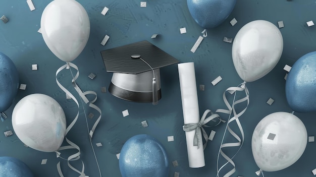 graduation celebration with balloons and confetti
