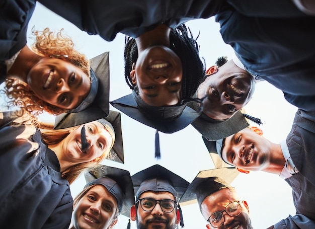 graduation circle and portrait of students at university for ceremony celebration and academic achievement college degree friends and below of men and women for education learning and studying