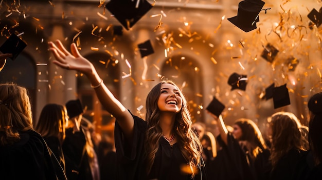 Graduation day back view of Asian woman with graduation cap and coat holding diploma success concept