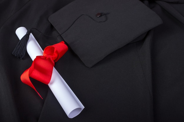 Graduation Day. A gown, graduation cap, and diploma and laid out ready for graduation day