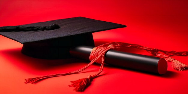 Graduation diploma and tassel on red background