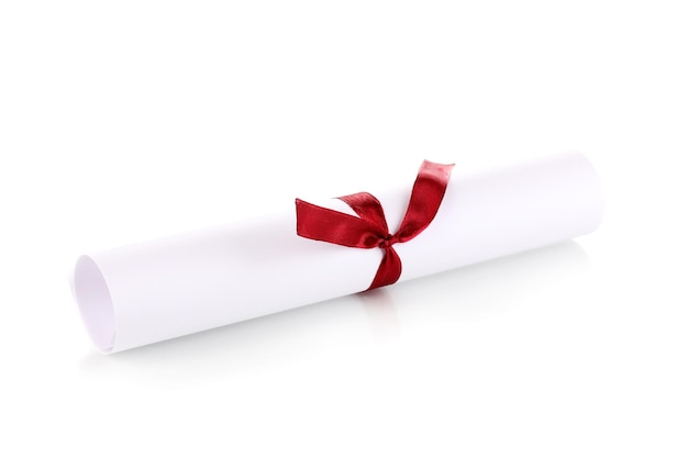 Photo graduation diploma tied with ribbon isolated on white