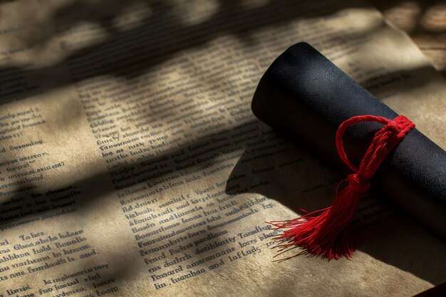 Graduation Diploma with Red Tassel on Text Pages