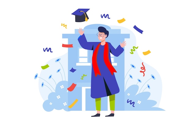 Graduation from the university concept with people scene in the flat cartoon style