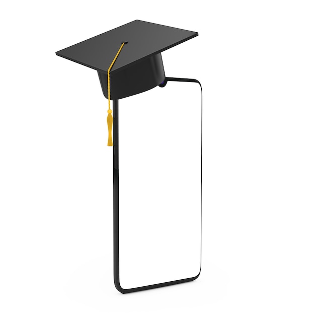 Graduation Hat On Blank Display Mobile Phone with Free Space for Your Design on a white background. 3d Rendering