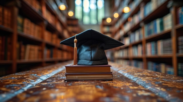 Photo graduation hat on books in classroom