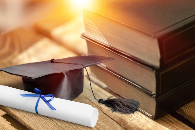 Photo graduation hat, books and diploma on wooden table