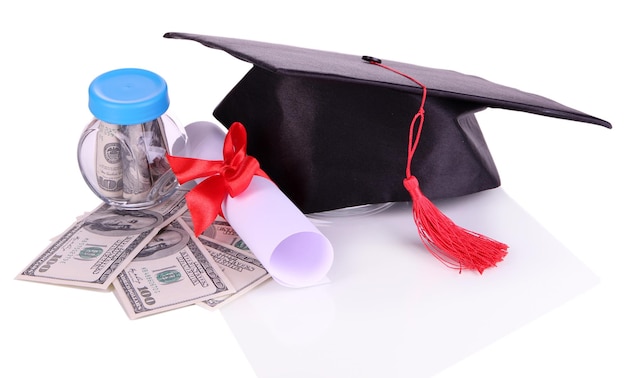 Photo graduation hat money and scroll isolated on white