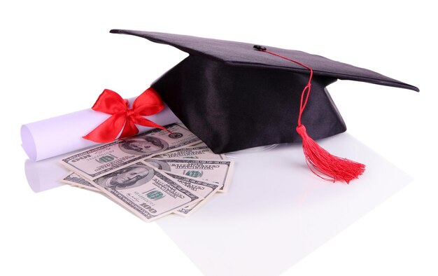 Photo graduation hat money and scroll isolated on white