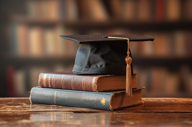 写真 graduation hat on a stack of book against blurred background