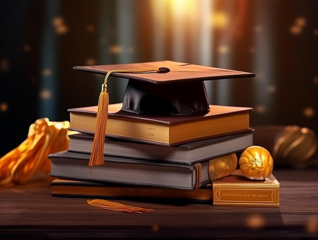 Graduation Hat and Pile of Books Background Image AI Generated