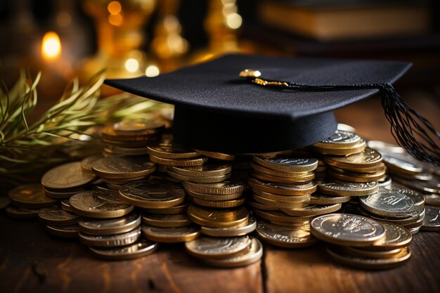 Graduation hat surrounded by coins education funding or scholarship