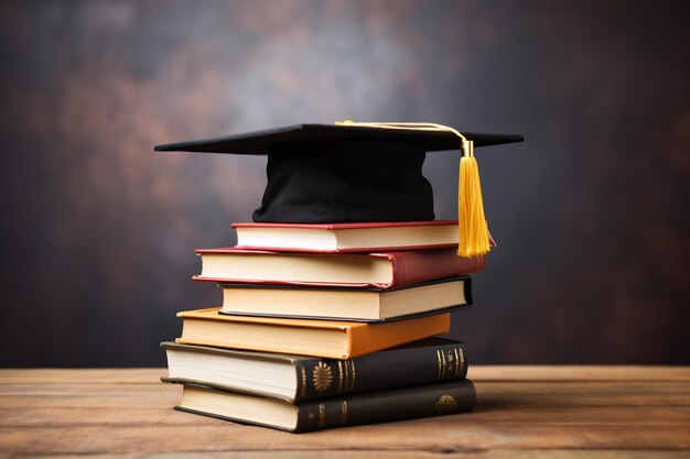 Graduation hat on top of a stack of book