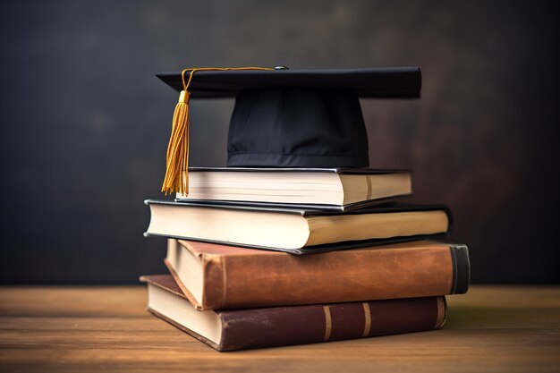 Graduation hat on top of a stack of book