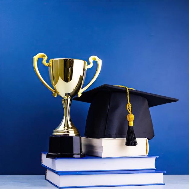 Photo graduation hat and trophy books education concept