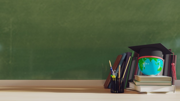 Graduation hat with stack books on wood table. 3D render