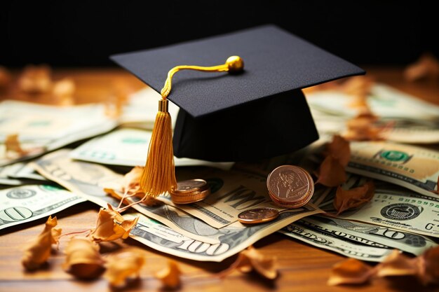 Photo graduation investment cap on us dollars representing educational fees and learning