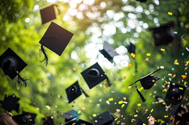 Graduation Party With Hats Thrown In The Air In Celebration