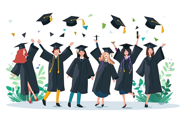 사진 축하하는 졸업생들이 모자를 공중으로 던지고 웃음과 기으로 그들의 업적을 축하하면서 학계를 넘어 새로운 여정을 시작하는 졸업 장면