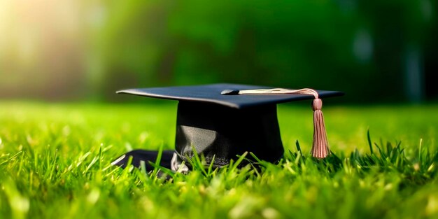 Graduationclose up graduation hat on green grass spring time in the outdoor park concept education congratulation copy space banner