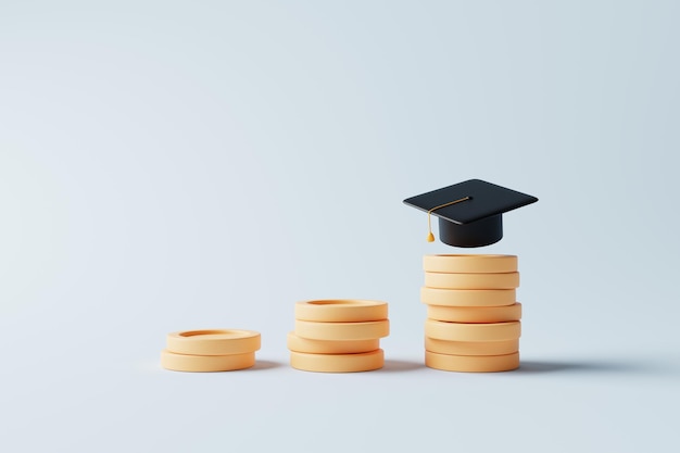 Graduations cap with money coins on light blue background money\
savings for education scholarship academic tuition fees invest in\
knowledge financial planning for future concept 3d rendering