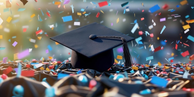 Gradution Cap with Confetti Background Graduation Day Concept Generative Ai