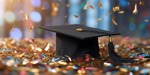 Gradution Cap with Confetti Background Graduation Day Concept Generative Ai